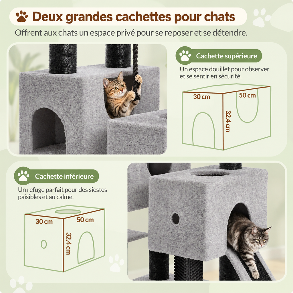 Arbre à Chat XL Gros Poteaux 160 cm – multi-chats avec 10 poteaux en sisal, niches & panier suspendu