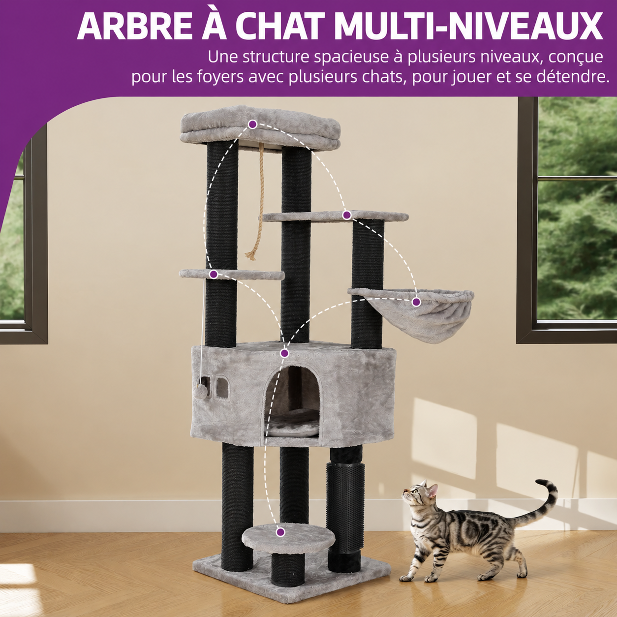 Arbre à Chat XL Gros Poteaux 157 cm – 8 poteaux en sisal, niche, plateformes & brosses de toilettage