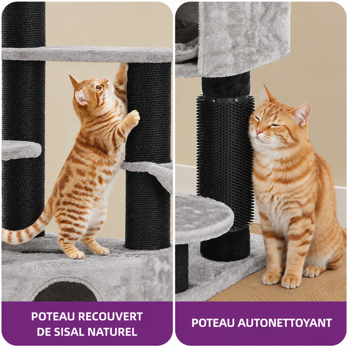 Arbre à Chat XL Gros Poteaux 157 cm – 8 poteaux en sisal, niche, plateformes & brosses de toilettage