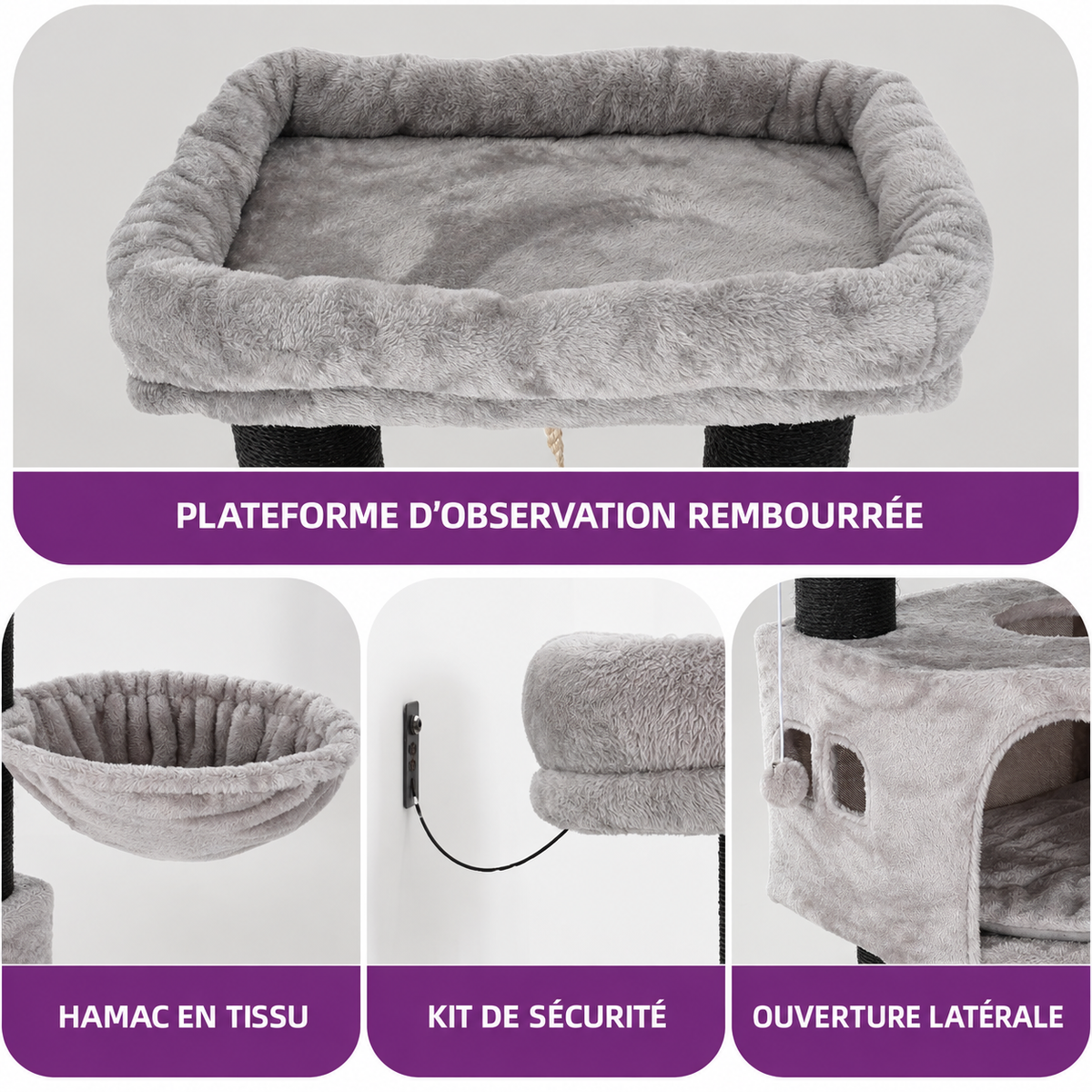 Arbre à Chat XL Gros Poteaux 157 cm – 8 poteaux en sisal, niche, plateformes & brosses de toilettage