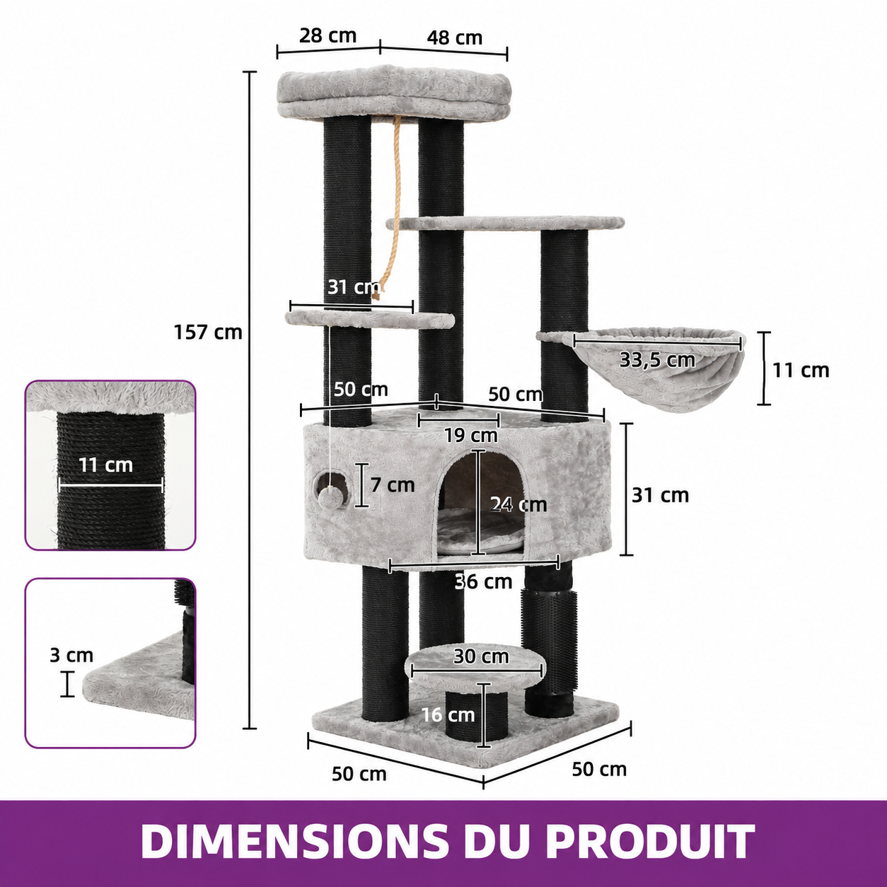 Arbre à Chat XL Gros Poteaux 157 cm – 8 poteaux en sisal, niche, plateformes & brosses de toilettage