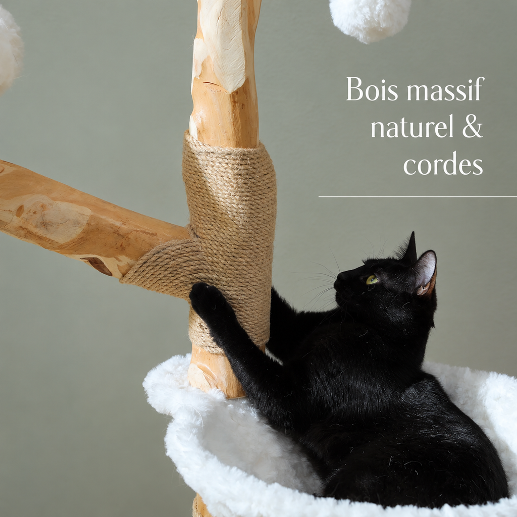 Arbre à chat en bois massif 150 cm –  multi-niveaux avec griffoirs en sisal, paniers en osier, lits fleur et hamac