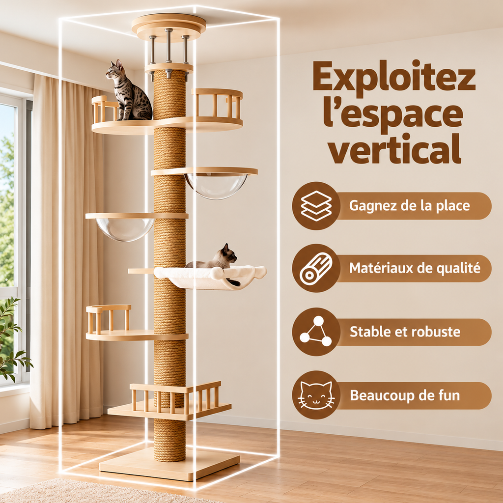 Arbre à chat en bois du sol au plafond multi-niveaux avec hamac et capsule spatiale