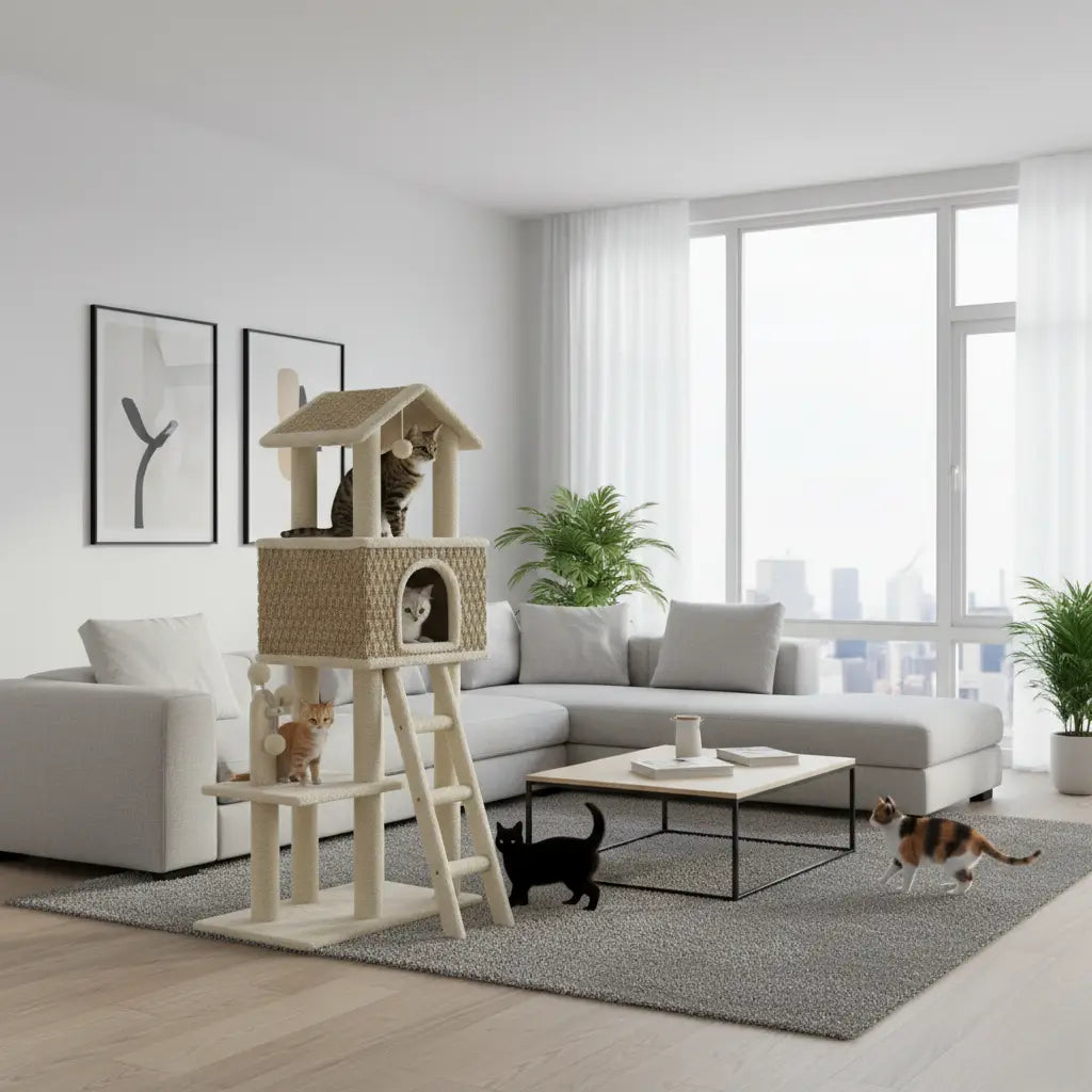 VeloursClaw Duo – L’arbre à chat en bois compact et élégant 131 cm