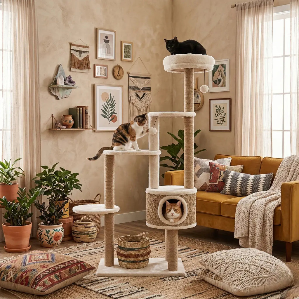 Veloura Tower – Arbre à Chat design en rotin et bois avec condo  148 cm