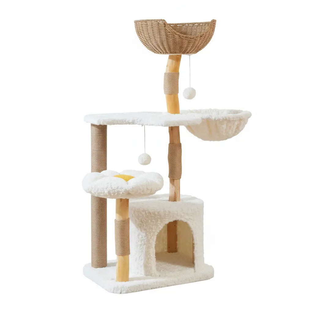 Arbre à chat BlancRoyal – La tour féline de luxe au design floral 123 cm