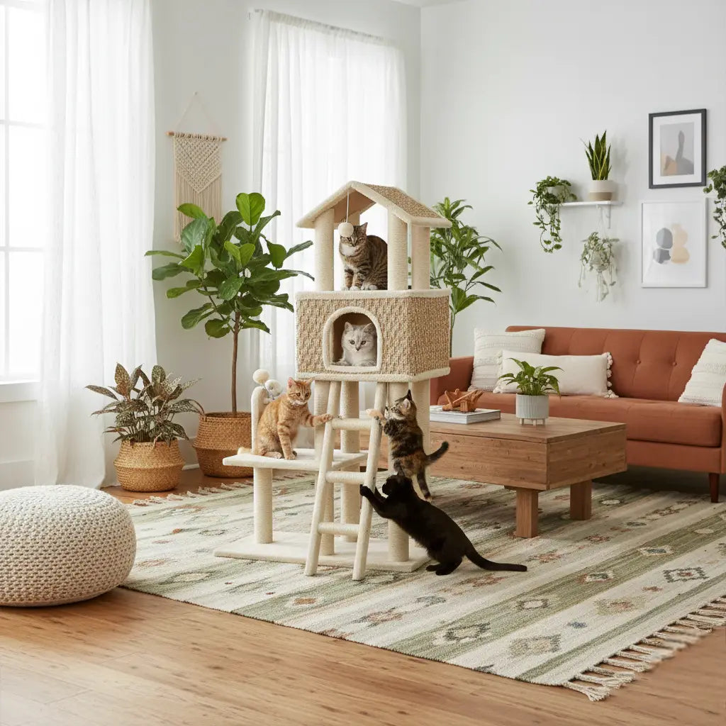 VeloursClaw Duo – L’arbre à chat en bois compact et élégant 131 cm