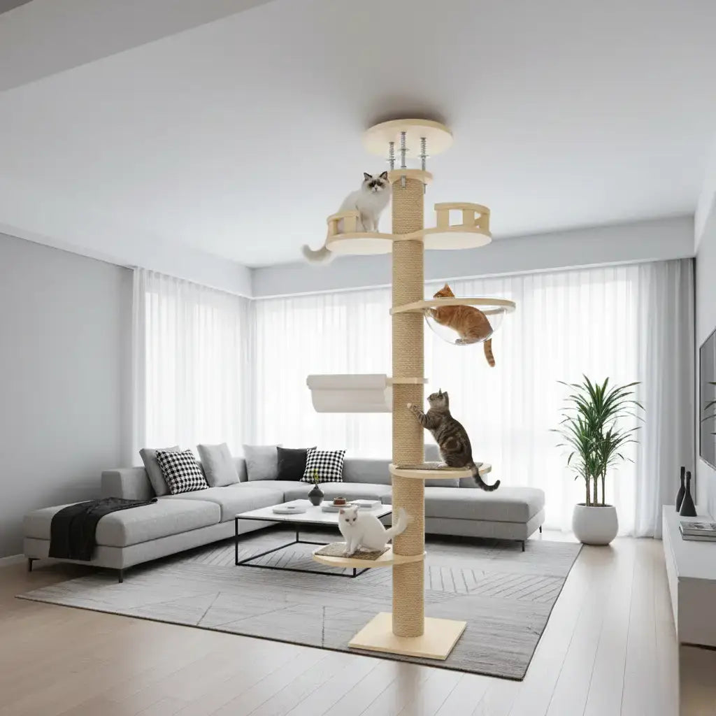 Arbre à chat XXL en bois massif Grand Félin 34 cm de diamètre  – La tour féline ultime du sol au plafond pour Maine Coon