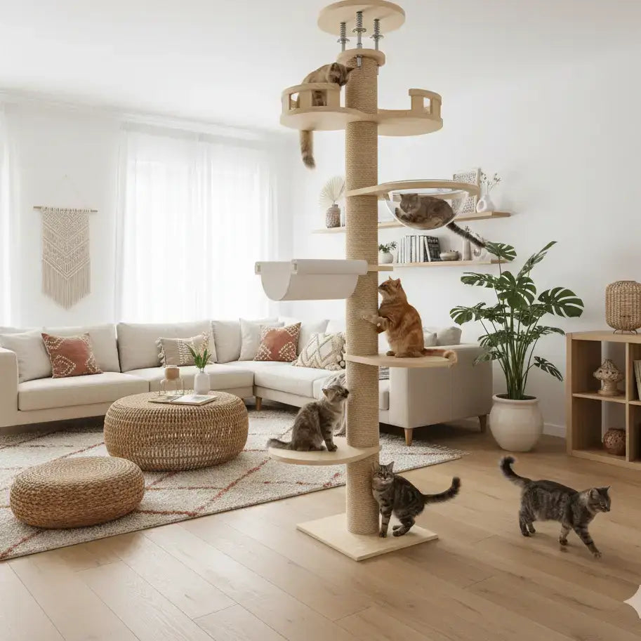 Arbre à chat XXL en bois massif Grand Félin 34 cm de diamètre  – La tour féline ultime du sol au plafond pour Maine Coon
