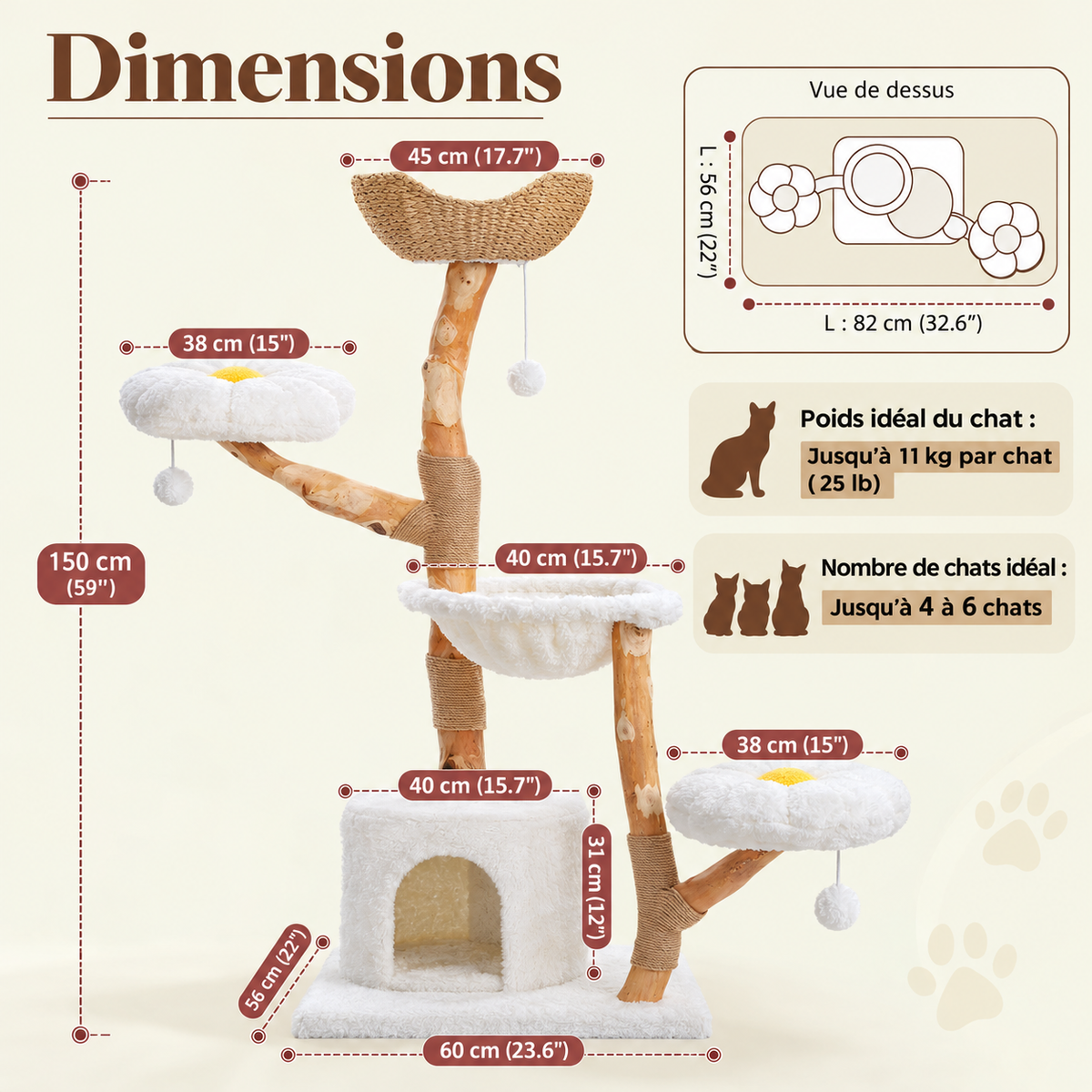 Arbre à chat en bois massif 150 cm –  multi-niveaux avec griffoirs en sisal, paniers en osier, lits fleur et hamac