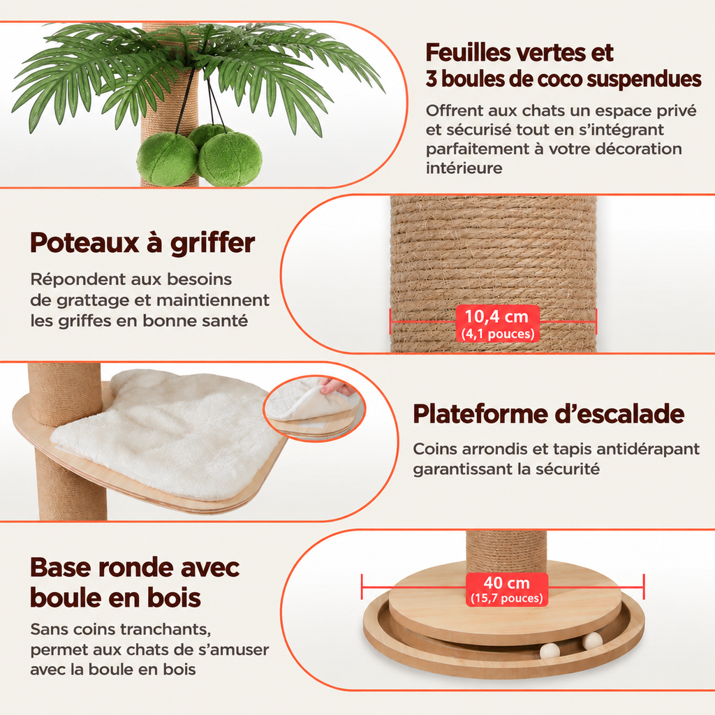 Arbre à chat du sol au plafond avec griffoir en sisal, lit en acrylique et perchoir supérieur