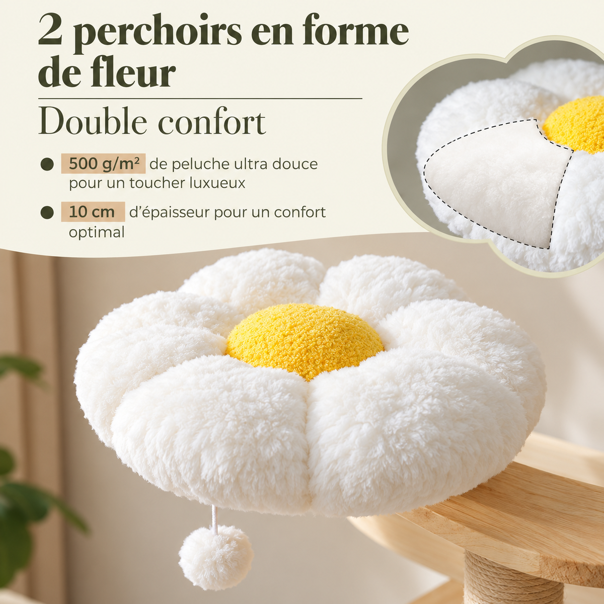 Arbre à chat en bois massif 150 cm –  multi-niveaux avec griffoirs en sisal, paniers en osier, lits fleur et hamac
