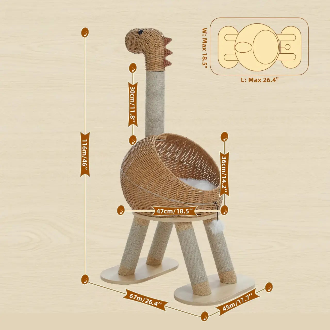 JURASSIA NEST – ARBRE À CHAT DESIGN EN BOIS ET ROTIN NATUREL 116 CM