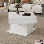 Table basse carrée blanche brillante avec plateau relevable et rotation 360°