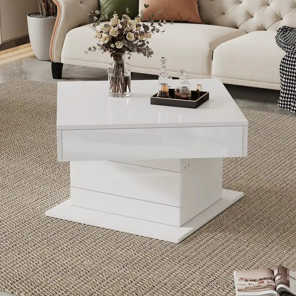Table basse carrée blanche brillante avec plateau relevable et rotation 360°