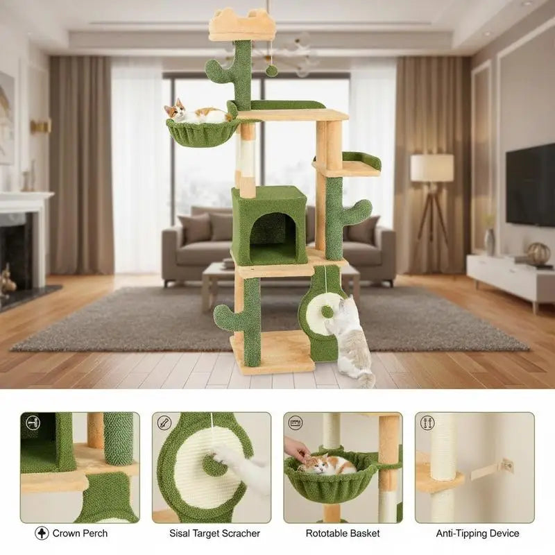 ARBRE À CHAT CACTUS 160 CM AVEC HAMAC ET NICHES
