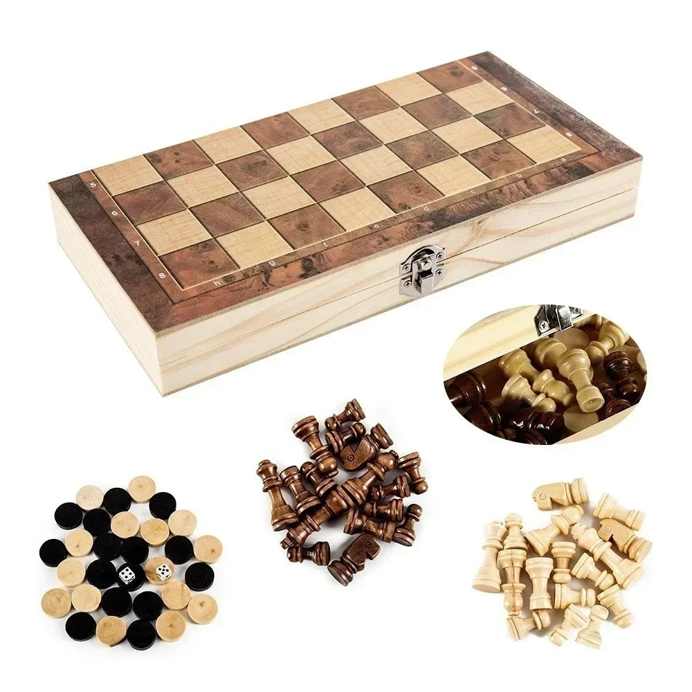 ÉCHIQUIER PLIABLE EN BOIS 3 EN 1 – ÉCHECS, DAMES & BACKGAMMON