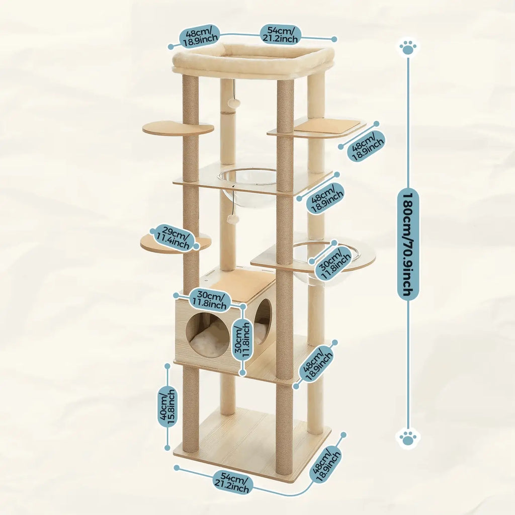 Arbre à chat en bois PrimeFeline 180 cm –  La tour féline haut de gamme pour chats d’intérieur