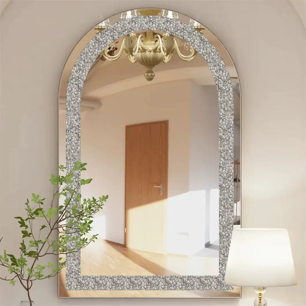 Grand miroir mural arqué argent à cristaux scintillants