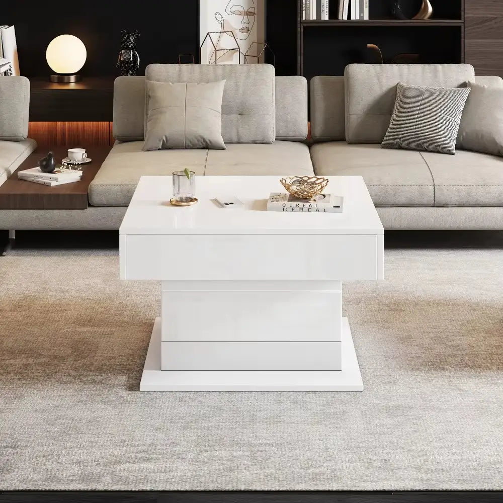 Table basse carrée blanche brillante avec plateau relevable et rotation 360°
