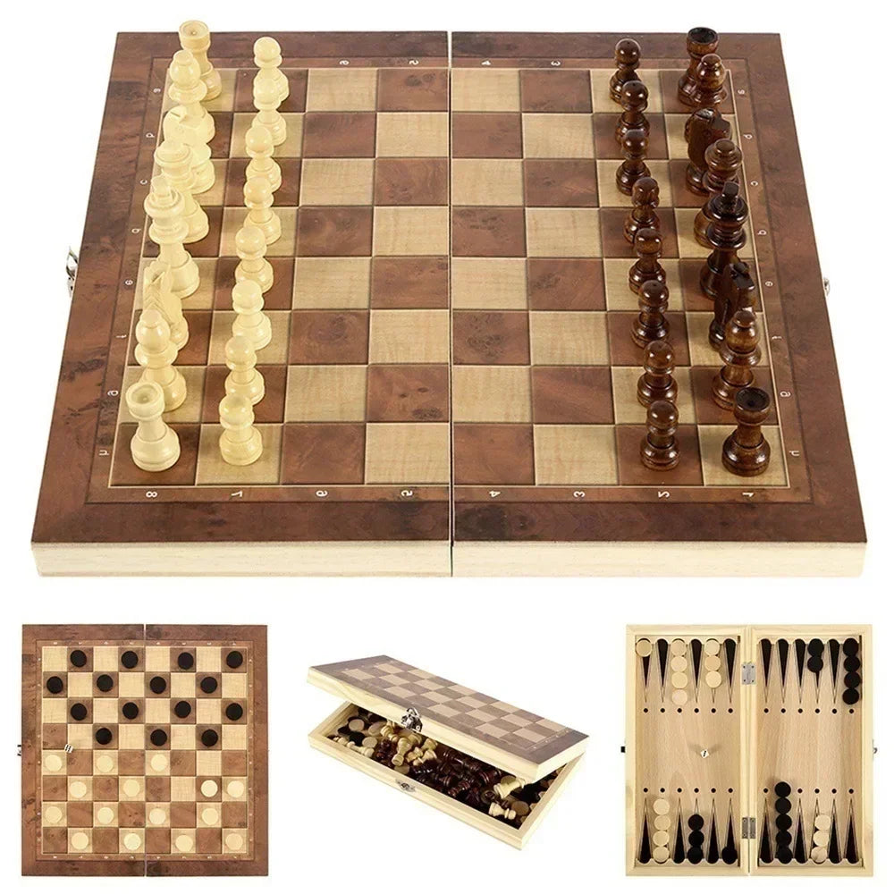 ÉCHIQUIER PLIABLE EN BOIS 3 EN 1 – ÉCHECS, DAMES & BACKGAMMON