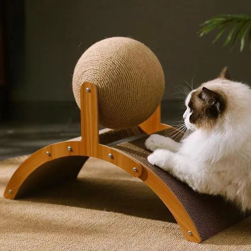 BALLE À GRIFFER POUR CHAT 2-EN-1 – JOUET EN BOIS MASSIF AVEC SURFACE EN SISAL RÉSISTANTE