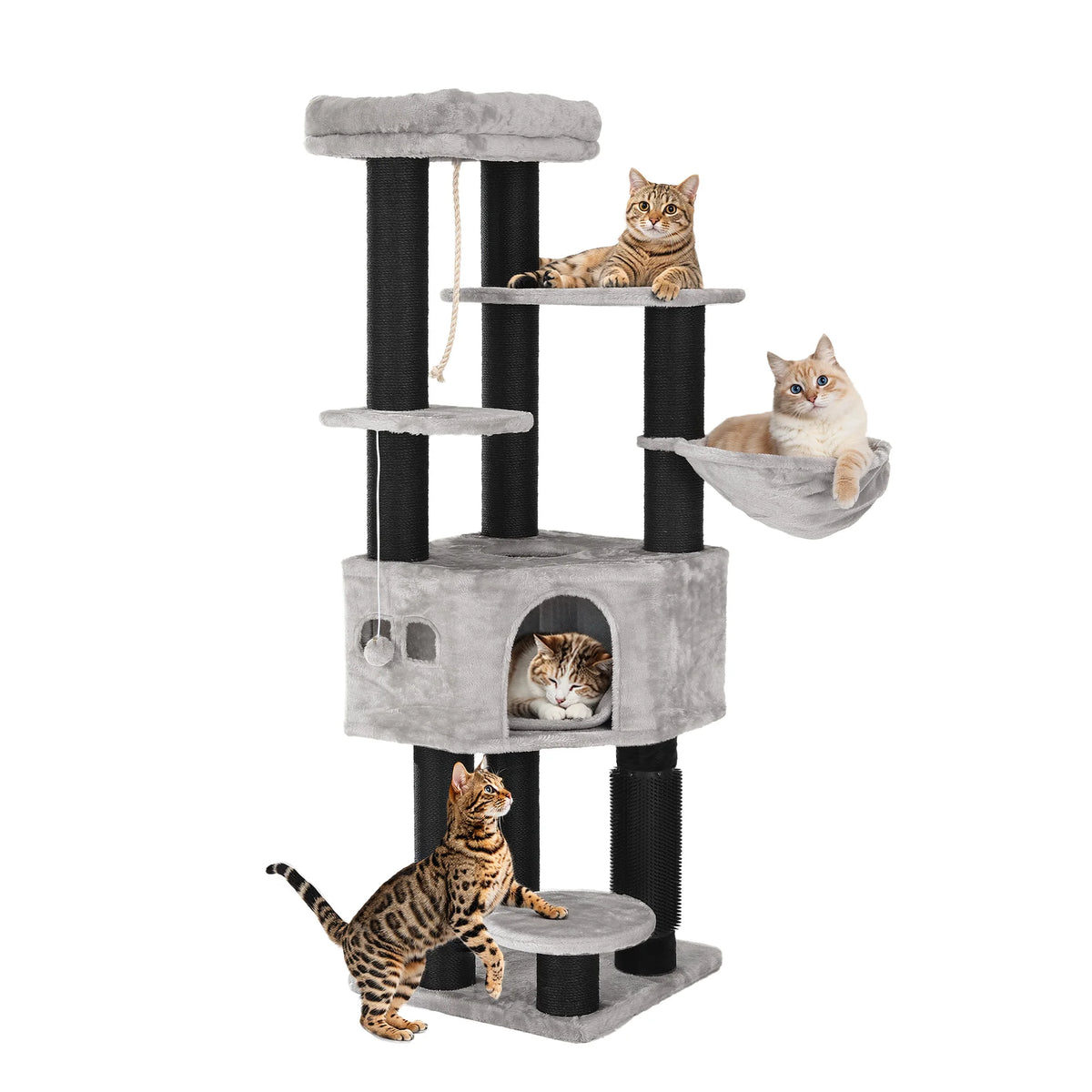 Arbre à Chat XL Gros Poteaux 157 cm – 8 poteaux en sisal, niche, plateformes & brosses de toilettage
