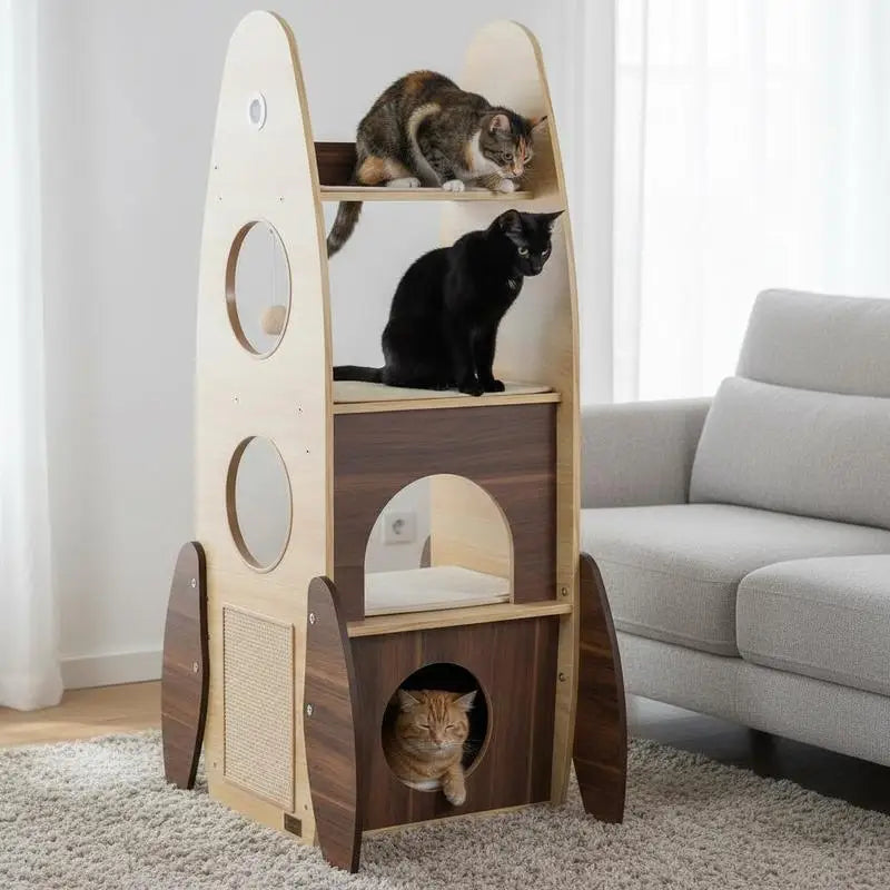 ARBRE À CHAT FUSÉE EN BOIS AVEC MAISON 2 ÉTAGES