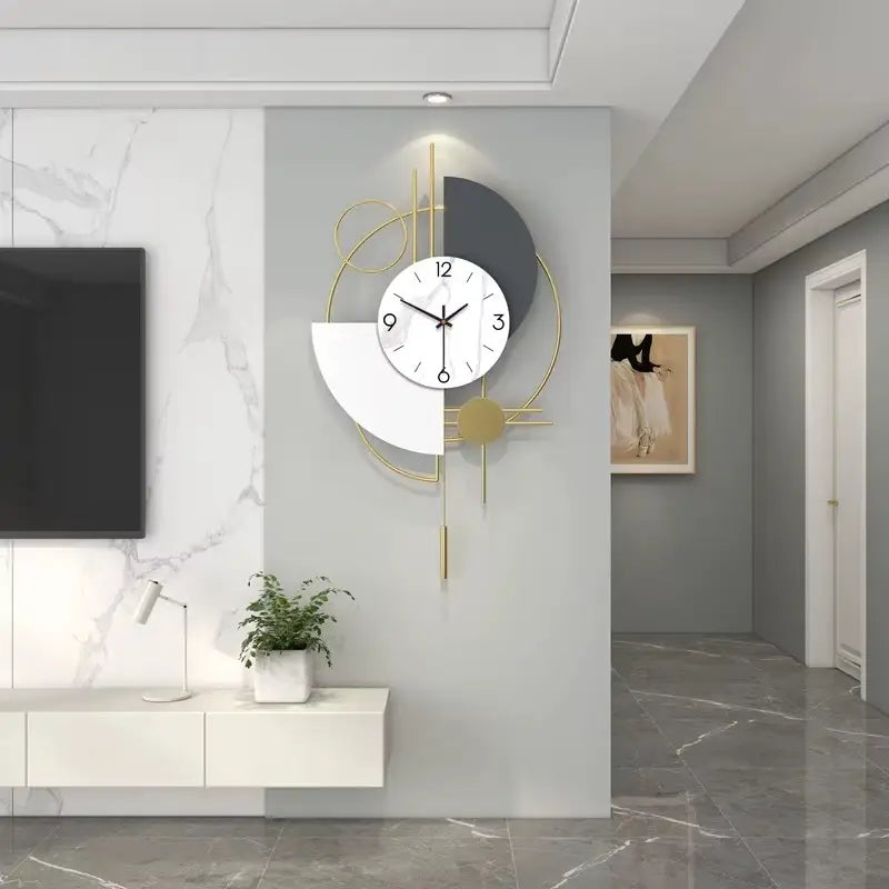 Horloge murale abstrait blanc et anthracite à composition géométrique dorée 60 cm