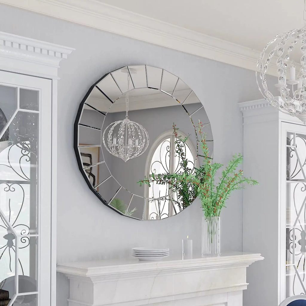 Grand miroir mural rond design moderne argent