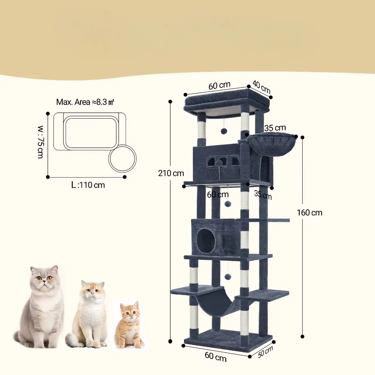 SkyLuxe Tower – Arbre à chat géant XXL 210 cm pour grands chats comme les Maine Coon