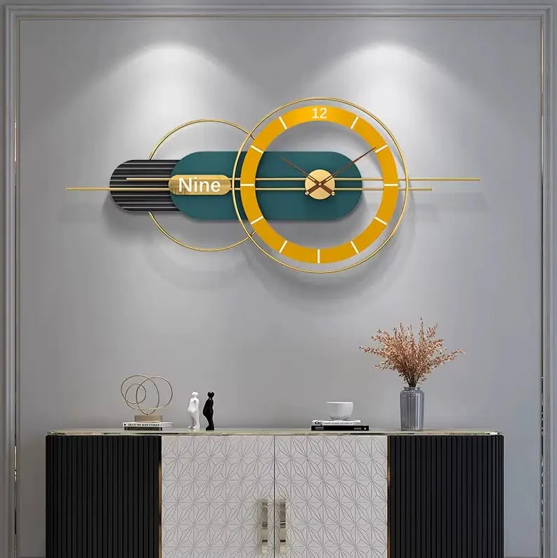 Horloge murale design géométrique jaune et vert style luxe moderne 80 cm