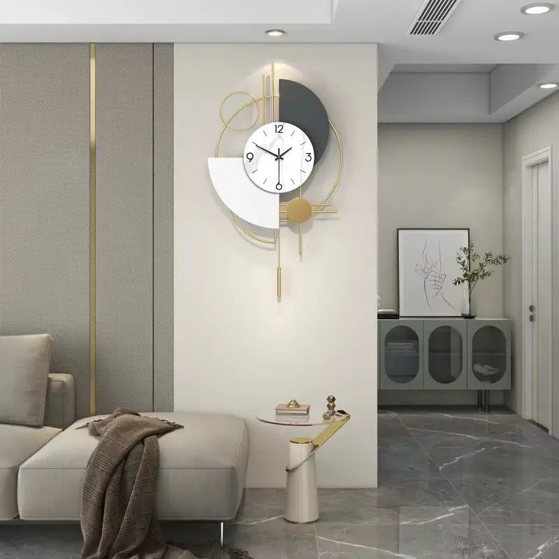 Horloge murale abstrait blanc et anthracite à composition géométrique dorée 60 cm