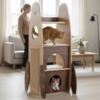 ARBRE À CHAT FUSÉE EN BOIS AVEC MAISON 2 ÉTAGES