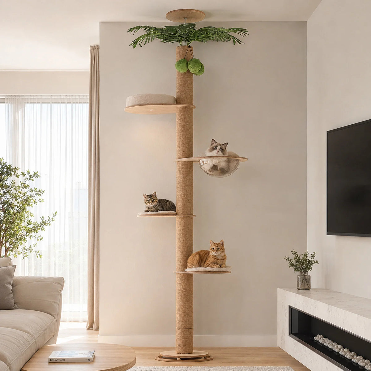 Arbre à chat du sol au plafond avec griffoir en sisal, lit en acrylique et perchoir supérieur