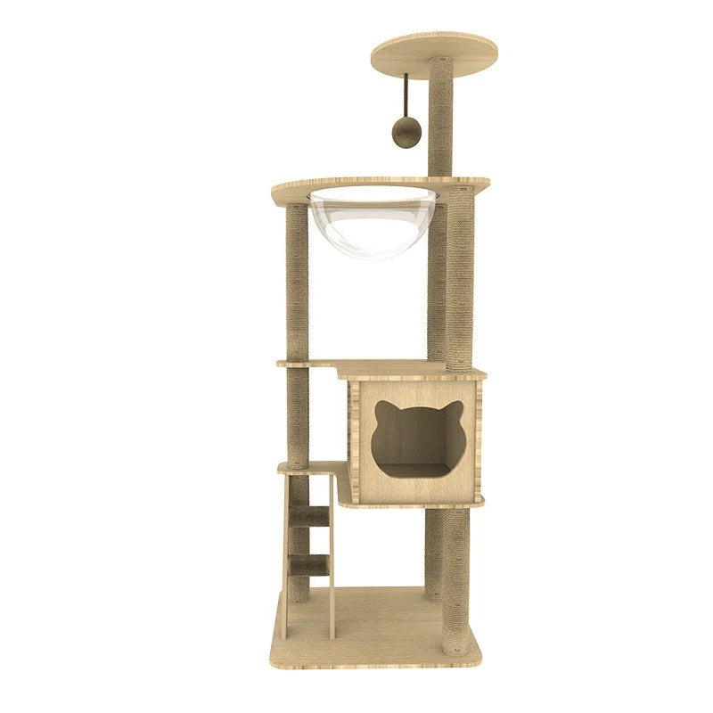 ARBRE À CHAT EN BOIS MULTI-NIVEAUX AVEC HAMAC TRANSPARENT