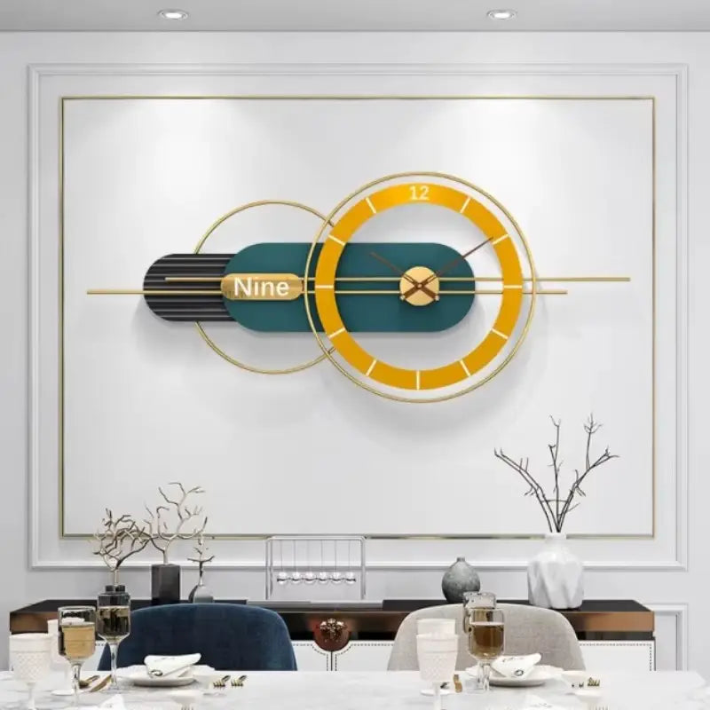 Horloge murale design géométrique jaune et vert style luxe moderne 80 cm
