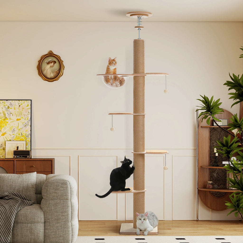 Arbre à chat du sol au plafond 262 cm réglable avec griffoirs en sisal, grotte en acrylique & plateformes rotatives.