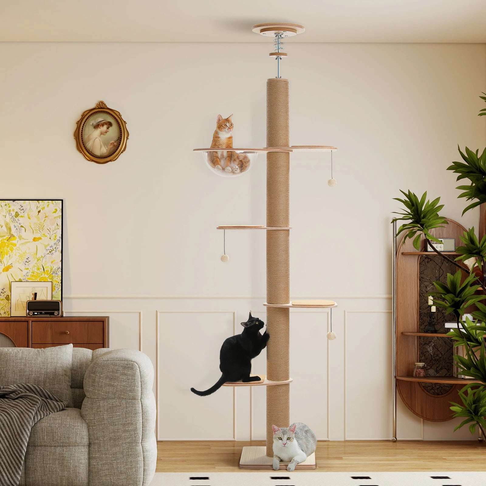 Arbre à chat du sol au plafond 262 cm réglable avec griffoirs en sisal, grotte en acrylique & plateformes rotatives.