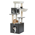 Arbre à chat en bois avec meuble à litière – grande tour multi-niveaux avec griffoirs en sisal, hamac et jouets suspendus