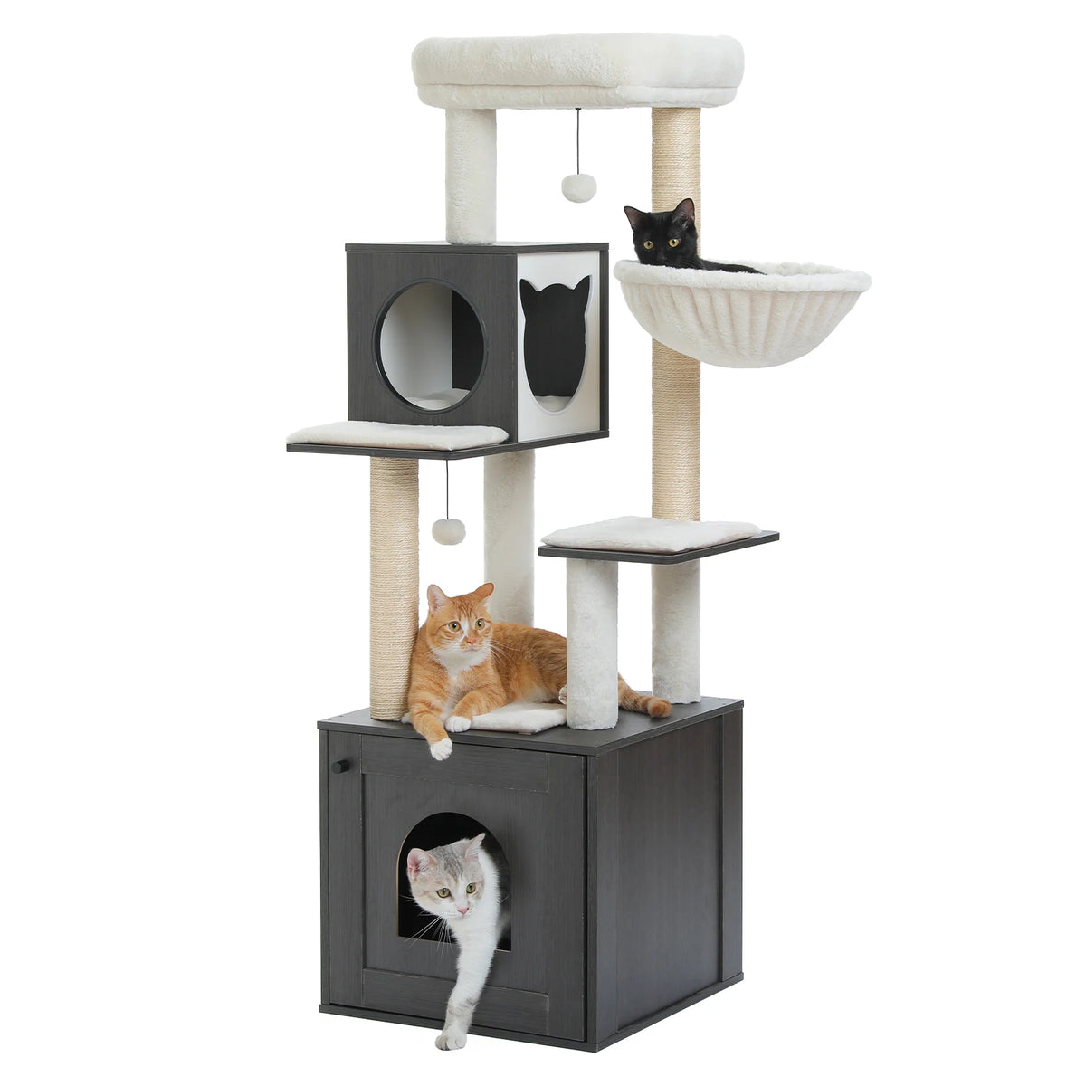 Arbre à chat en bois avec meuble à litière – grande tour multi-niveaux avec griffoirs en sisal, hamac et jouets suspendus