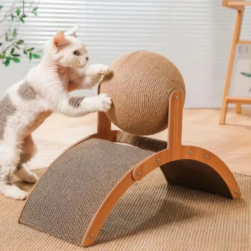 BALLE À GRIFFER POUR CHAT 2-EN-1 – JOUET EN BOIS MASSIF AVEC SURFACE EN SISAL RÉSISTANTE