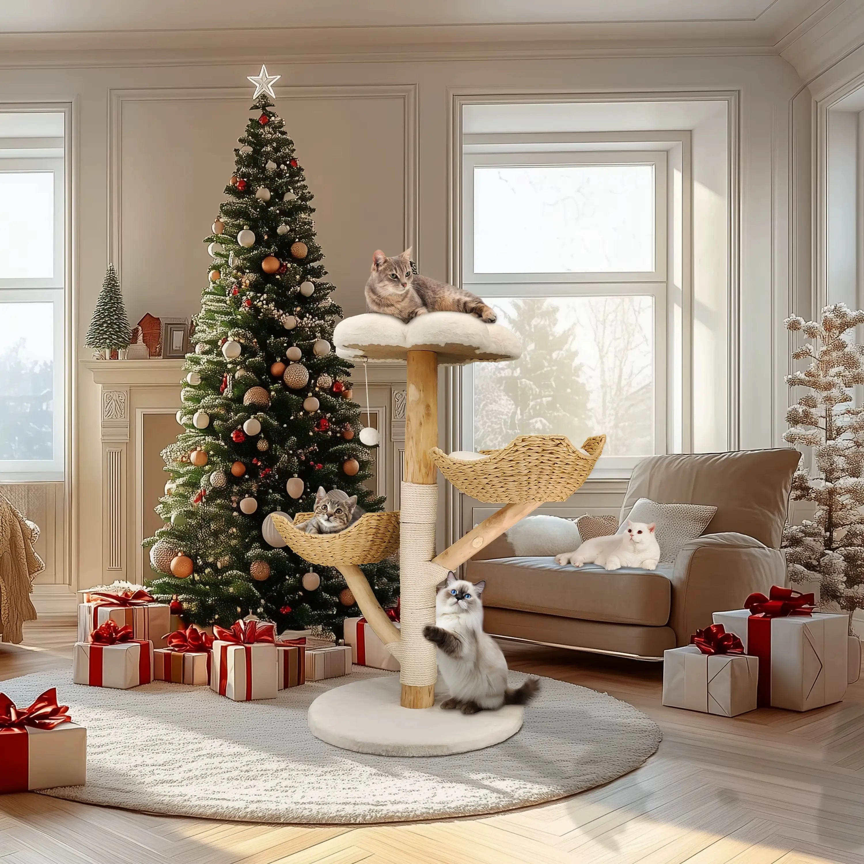 Arbre à Chat en bois Lotus Royale – L’élégance naturelle pour votre félin