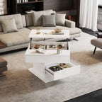 Table basse carrée blanche brillante avec plateau relevable et rotation 360°