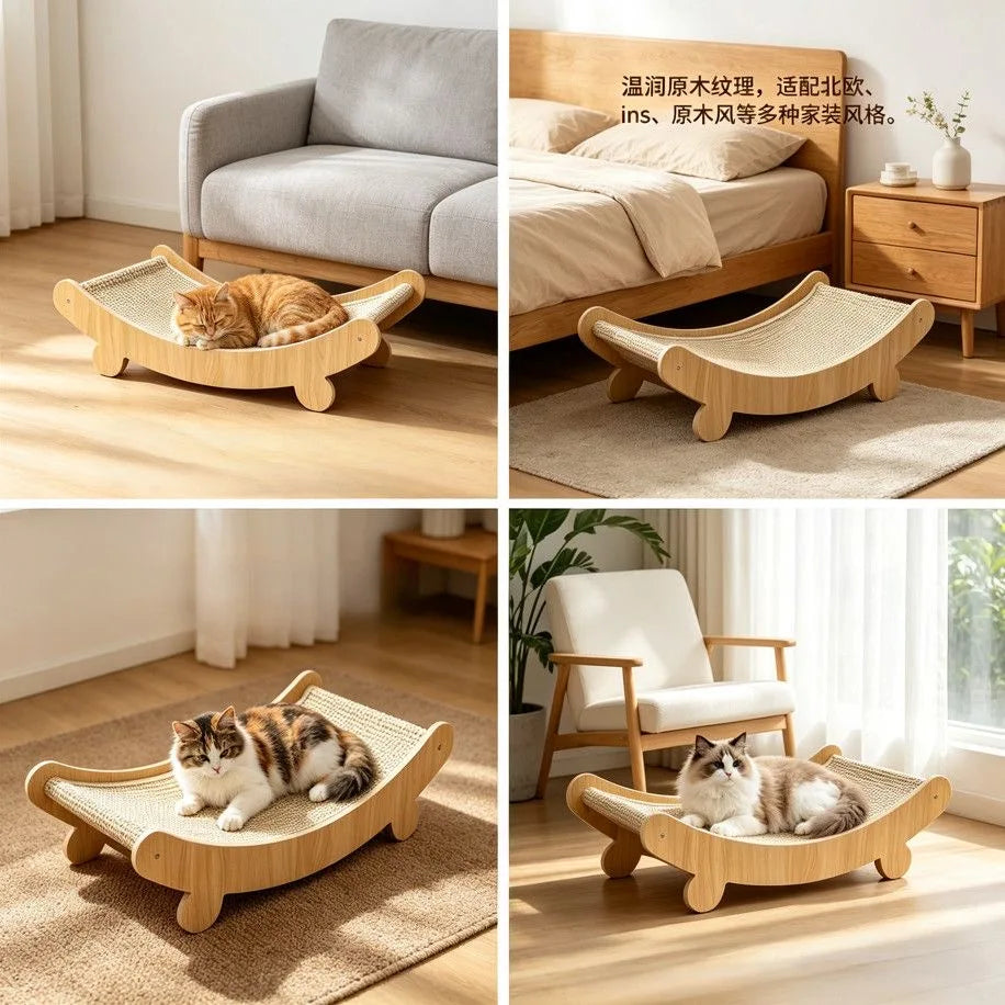 Griffoir en bois pour chat multifonctionnelle avec lit de repos détachable