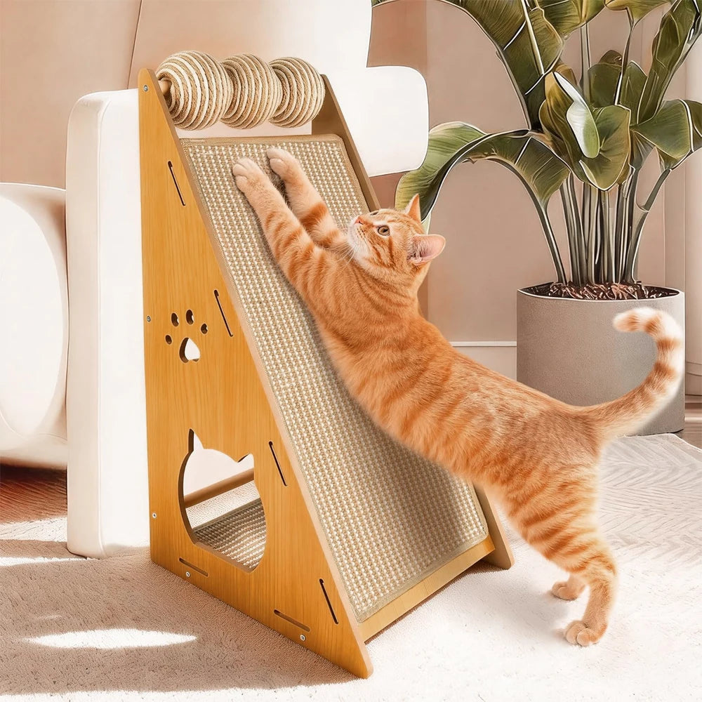 GRIFFOIR POUR CHAT EN BOIS – GRIFFOIR VERTICAL AVEC 3 BALLES SUPÉRIEURES, BALLE SUSPENDUE & CACHETTE