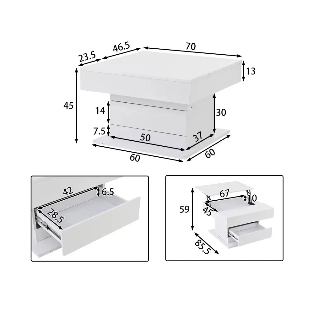 Table basse carrée blanche brillante avec plateau relevable et rotation 360°