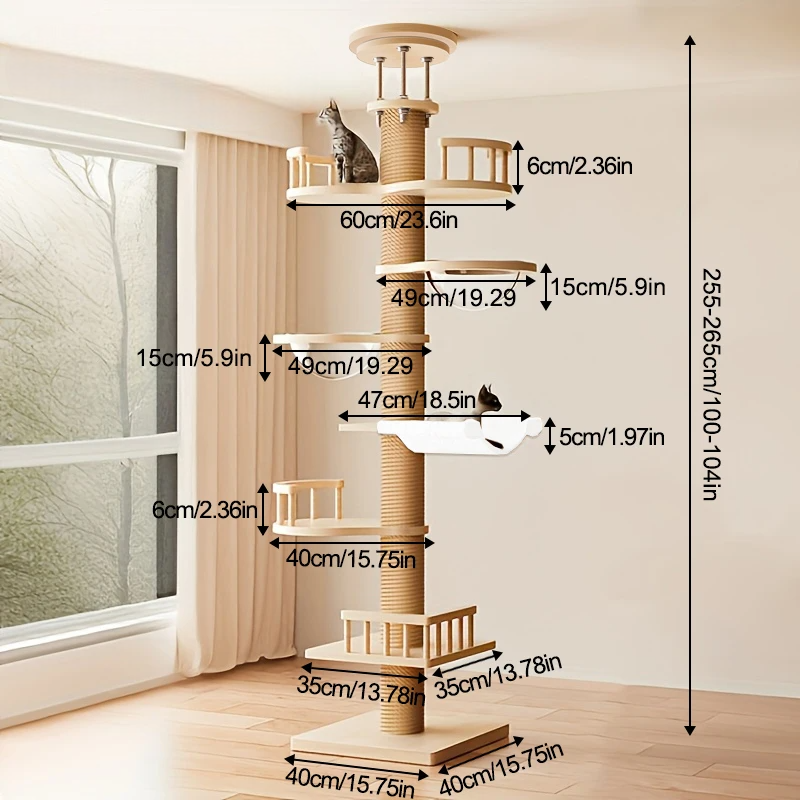 Arbre à chat en bois du sol au plafond multi-niveaux avec hamac et capsule spatiale