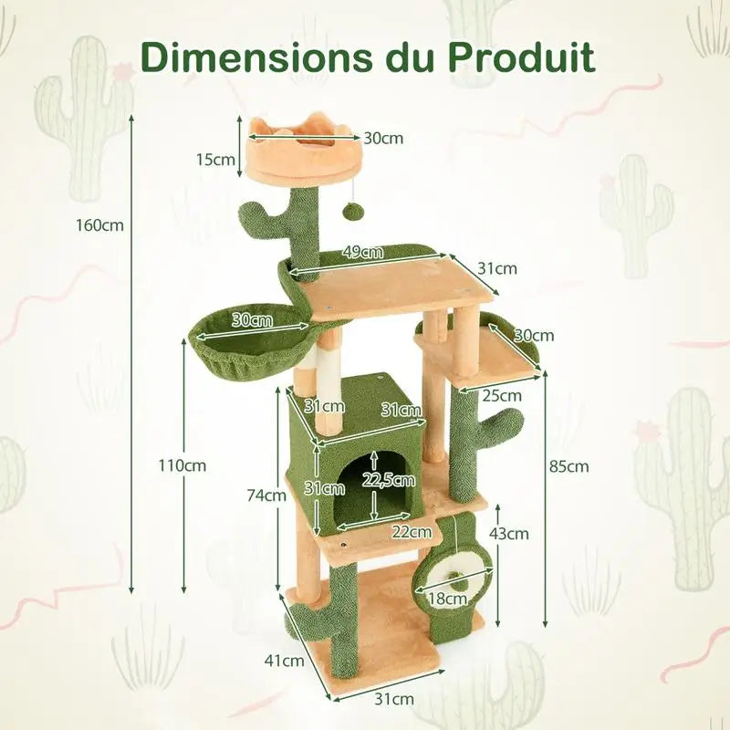 ARBRE À CHAT CACTUS 160 CM AVEC HAMAC ET NICHES