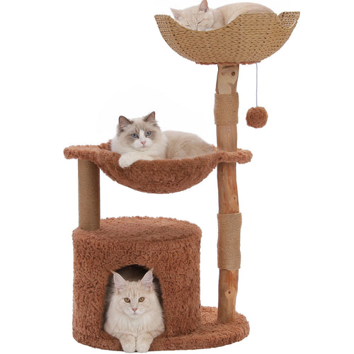 ARBRE À CHAT EN BOIS AVEC GRAND PANIER EN OSIER ET HAMAC